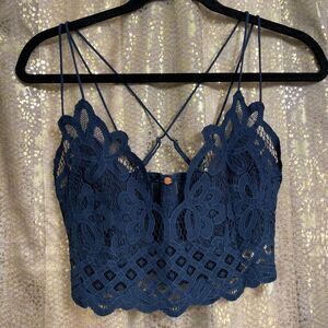 Free People Adella Bralette Crochet Ruched Floral Lace Navy Blue Small NWT